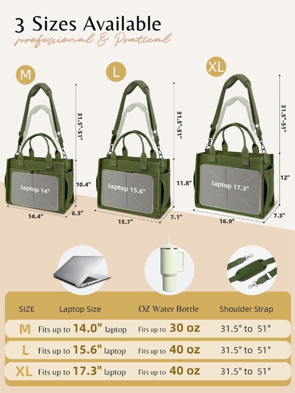 Canvas Tote Bag for Women with Zipper, Work Laptop Purse with Compartments & Lug - Picture 5 of 8